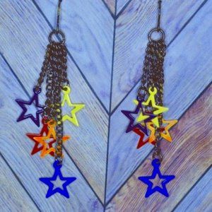 Black Metal Chain w/ Colorful Stars Dangle Earrings